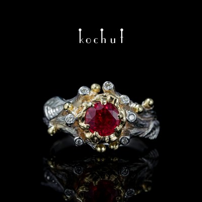 Ring «The Triumph of Life». Silver, yellow gold, ruby, diamonds, white rhodium 