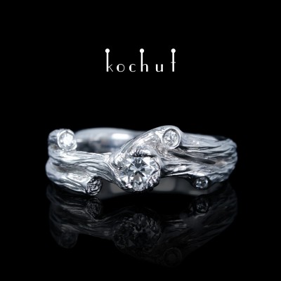 Engagement ring «Twig. Lovers». White gold, white rhodium, diamonds