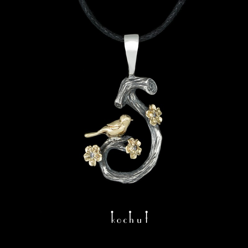 Pendant «Bird on a twig with flowers: spring». Silver, gold, diamonds, oxidation