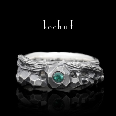 Wedding ring «Stone and twig». Silver, emerald, oxidation