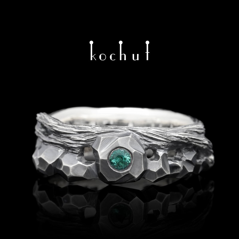 Wedding ring «Stone and twig». Silver, emerald, oxidized