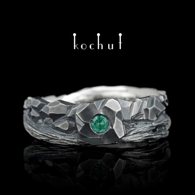 Wedding ring «Stone and twig». Silver, emerald, oxidation