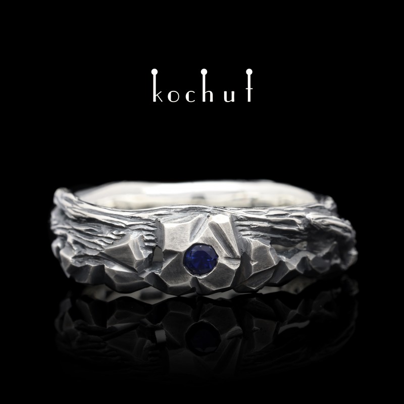 Ring «Stone and twig». Silver, sapphire, oxidized