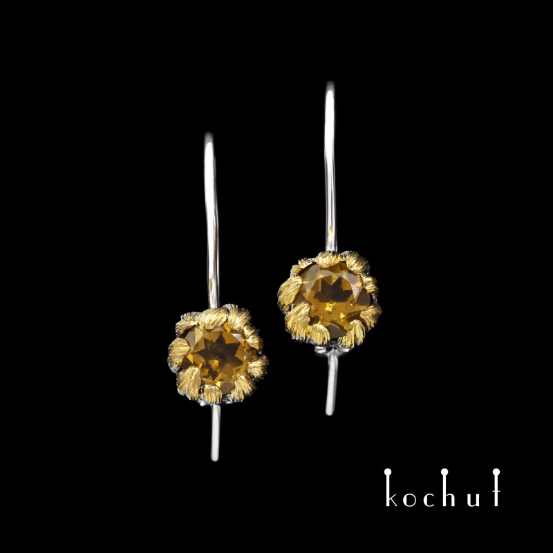 Earrings with a French castle «Peony». Silver, citrine, oxidation, gilding