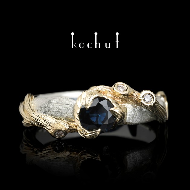 Verlobungsring „Atlantis“. Silber, Gelbgold, Saphir, Diamanten