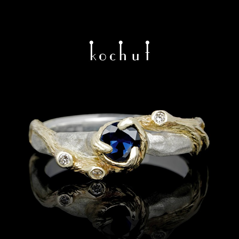 Engagement ring "Atlantis". Yellow gold, sterling silver, sapphire and diamonds
