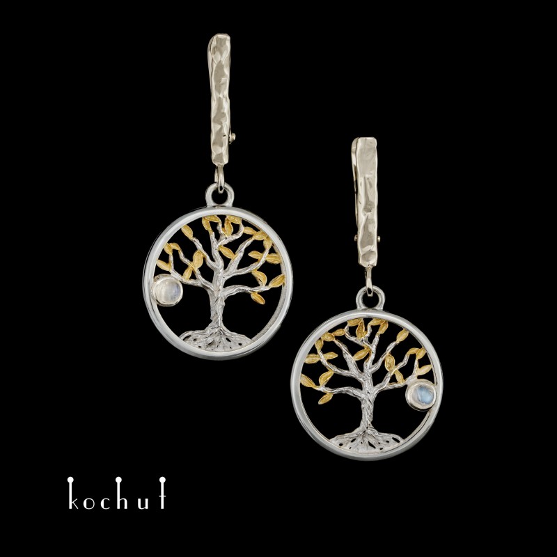Earrings «Tree of Life». White gold, silver, gilding, moonstone