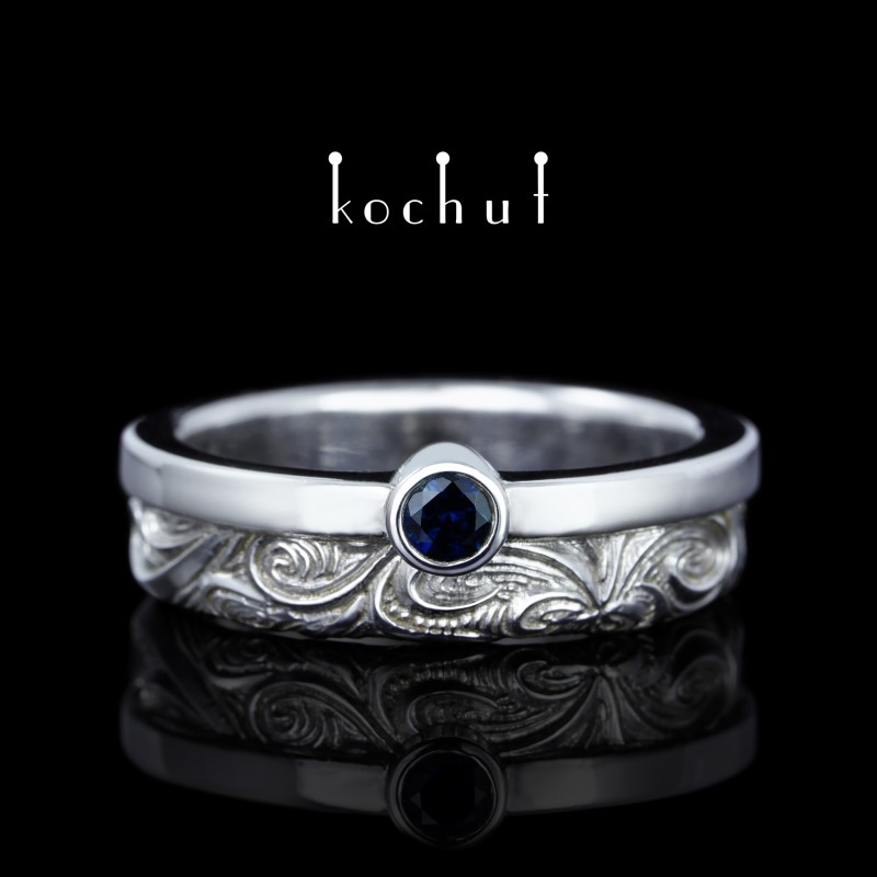 Wedding ring «In joy and in sorrow: halves». Silver, sapphire, white rhodium 