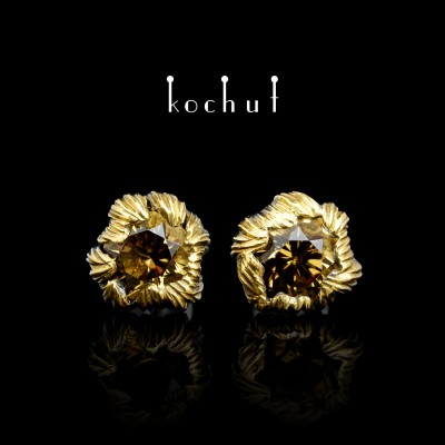 Stud-earrings «Peony». Silver, citrines, oxidized, gilding
