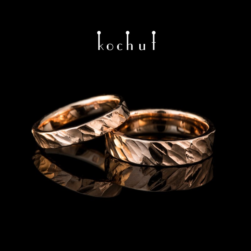 Brutal — red gold wedding rings with forging