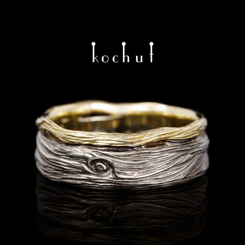 Wedding ring «Eye of the forest». White and yellow gold, black rhodium
