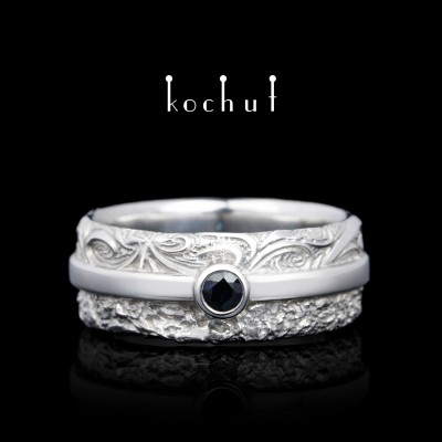 Wedding ring «In joy and in sorrow.» Silver, white rhodium, sapphire 