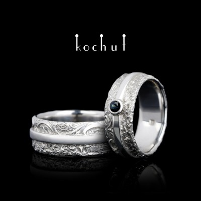 Wedding rings «In joy and in sorrow.» Silver, white rhodium, sapphire 