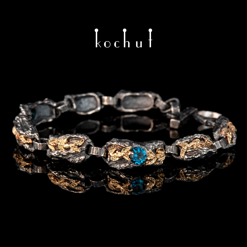 Bracelet «The Power of Life». Silver, yellow gold, topaz, oxidation