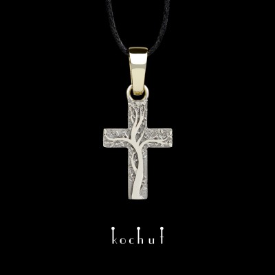 Kreuz «Wurzeln des Glaubens». Weiß- und Gelbgold 14K, schwarzes Rhodium