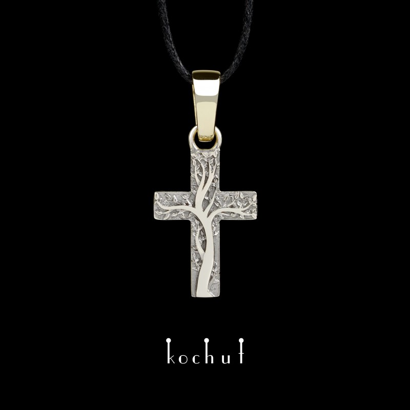 Křížek «Kořeny víry». Bílé a žluté zlato, černé rhodium
