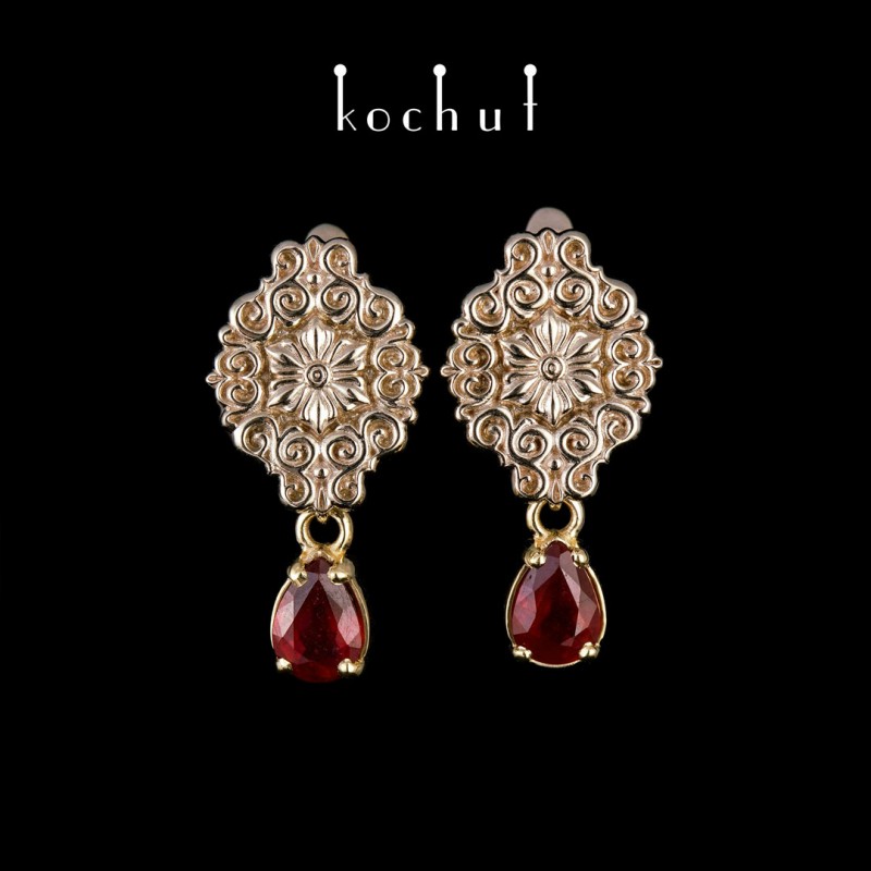 Earrings «Notre-Dame». White, yellow gold, rubies