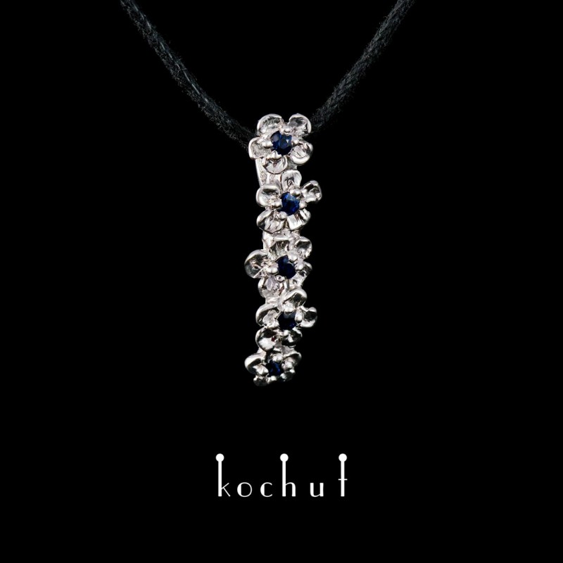 Pendant «Floral». Silver, white rhodium, blue sapphires