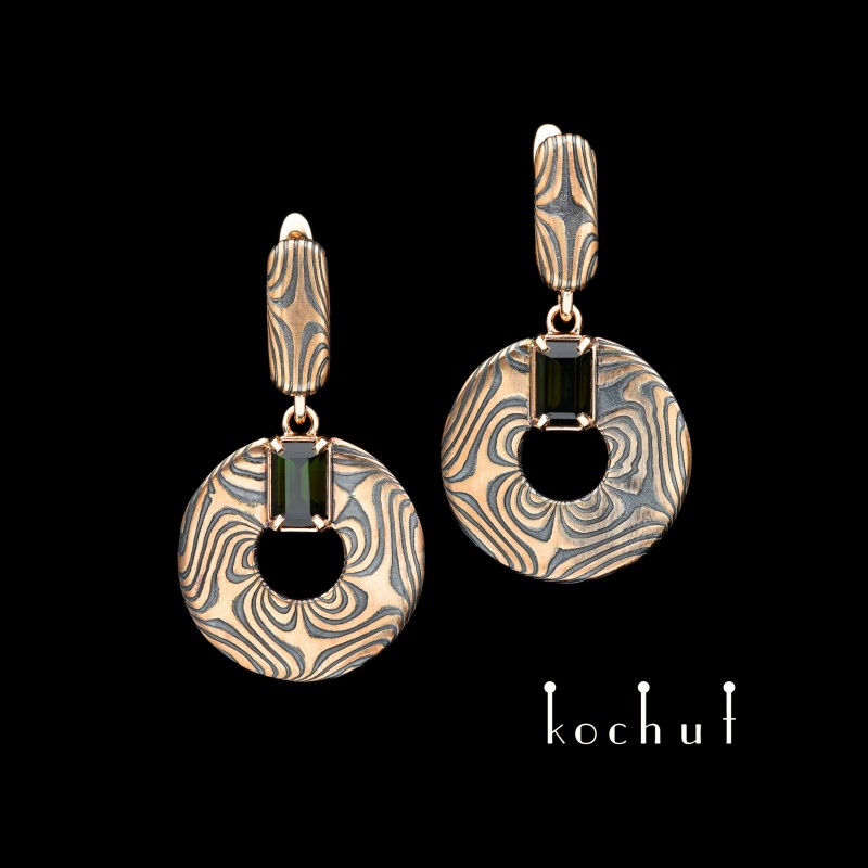 Mokume earrings «Precious Astrolabe». Red gold, etched silver, tourmaline, oxidized 
