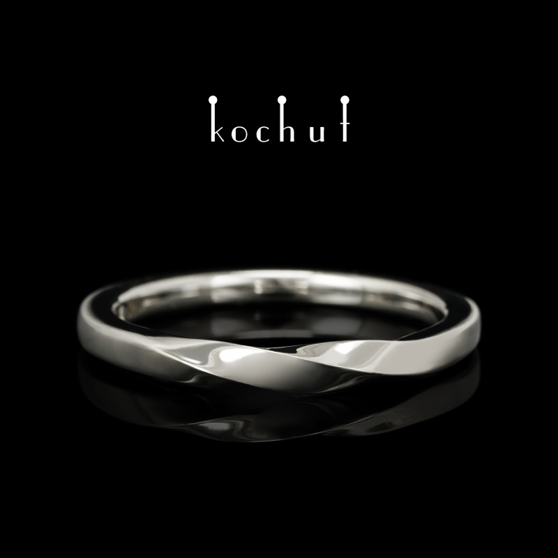 Narrowed wedding ring «Mobius ribbon». White 14K gold, white rhodium