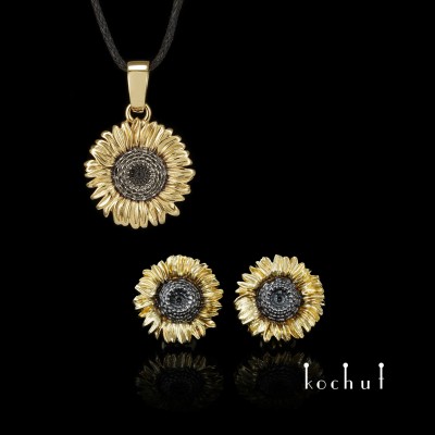 Set «Sonnenblumen». Gelbgold 14K, schwarzes Rhodium