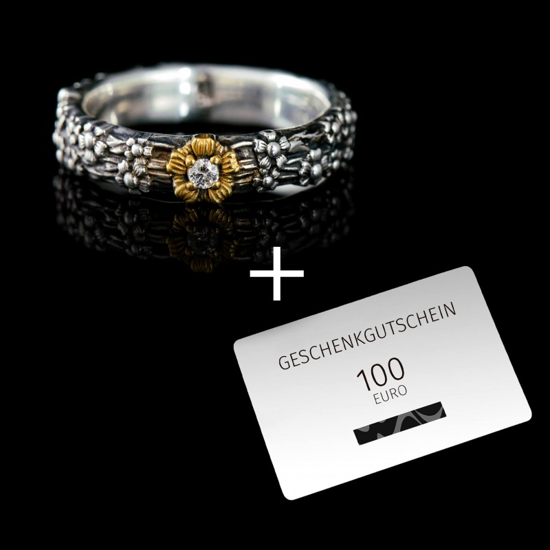 SSV ´22 Ring «Vergissmeinnicht». Sterlingsilber, Oxidierung, Gold-Cladding, Diamant