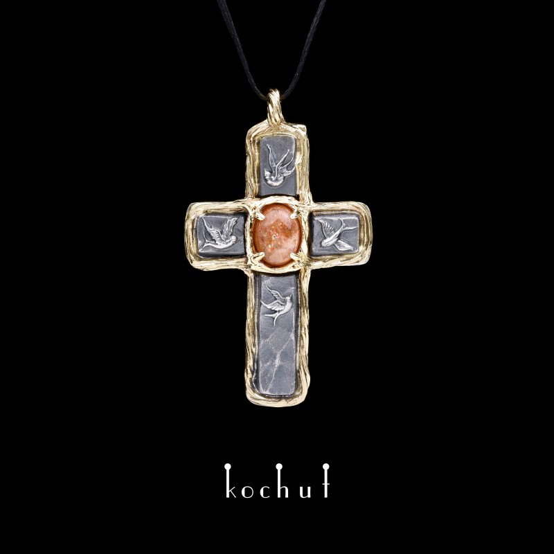 Cross «House of the Sun». Silver, yellow gold, sunstone, oxidized