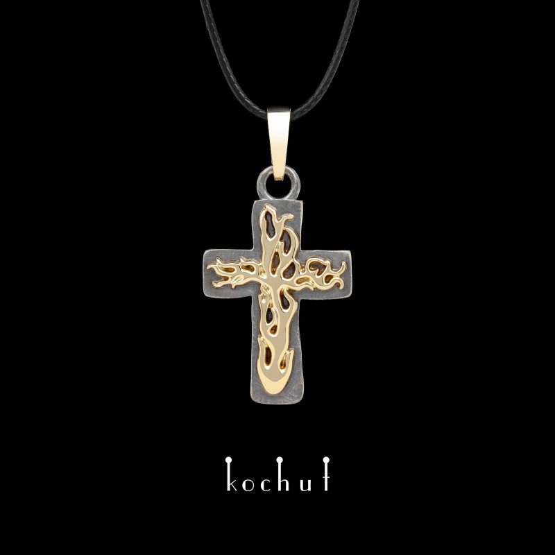 Cross «Holy Fire». Yellow gold, silver, oxidation