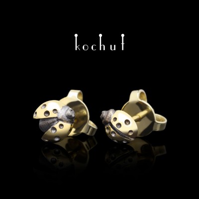 Earrings-studs «Ladybugs». Yellow gold, black rhodium