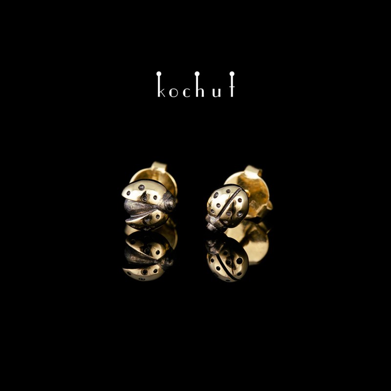Earrings-studs «Ladybugs». Yellow gold, black rhodium