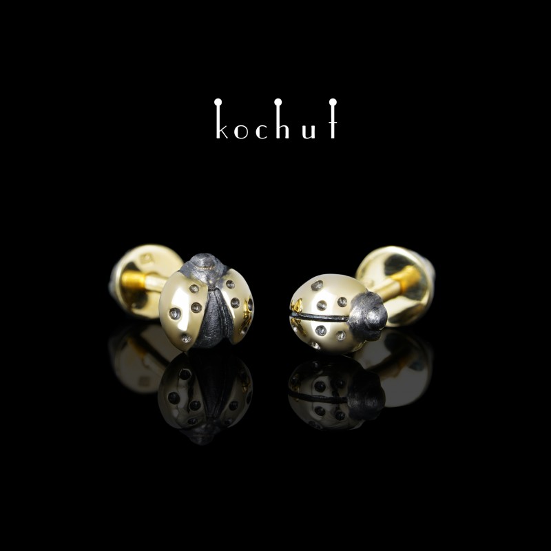 Earrings-earrings «Ladybugs». Yellow Gold, Black Rhodium, Spin