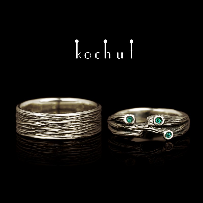 Wedding rings "Tree And Its Twig". White gold, emeralds