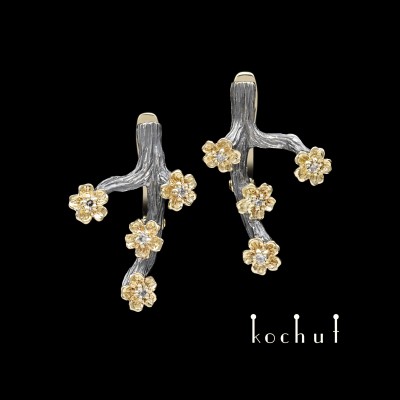 Earrings "Twigs and Flowers". Silver, yellow gold, oxidation, diamonds