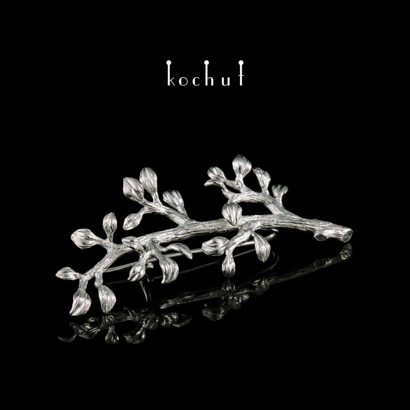 Brooch «Twig.» Silver, white rhodium