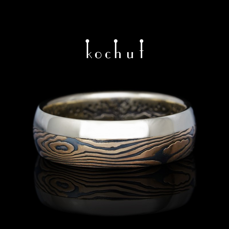 Mokume wedding ring «Bonsai». Red and white gold, etched silver, oxidized, black rhodium 