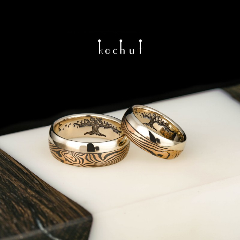 Mokume gane wedding rings "Bonsai". Red gold, white gold, sterling silver