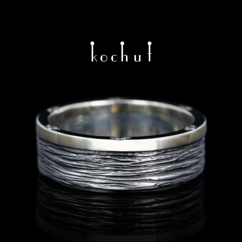 Wedding ring «Tree bark. With a rim». White gold, silver, oxidation, diamonds
