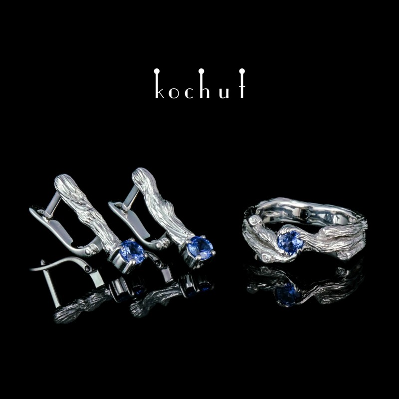 Jewelry Set "Twig". White gold, sapphires 