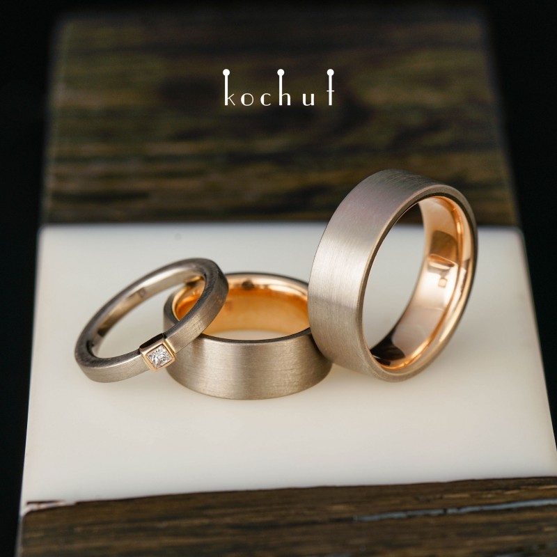 Комплект: кольцо для предложения и обручальные кольца «Юниверсум». Палладиевое и красное золото, бриллиант