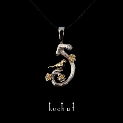 Pendant «Bird on a twig with flowers: Spring». Yellow and white gold, diamonds, white rhodium