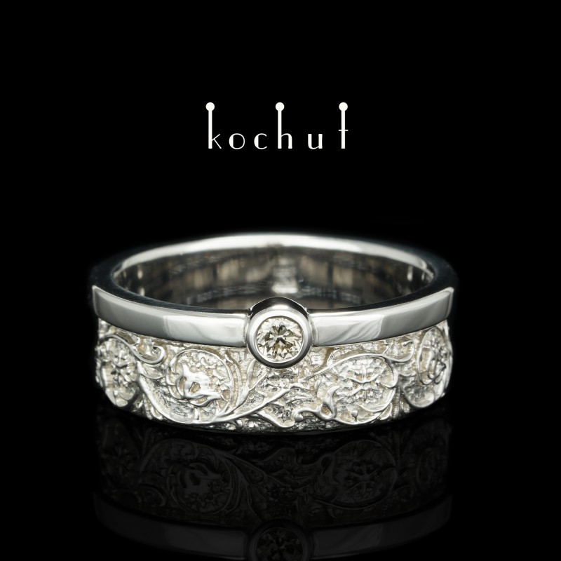 Обручальное кольцо «Гармония природы». Белое золото, бриллиант, белый родий