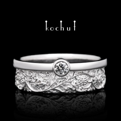 Wedding ring «Harmony of nature.» White gold, diamond, white rhodium