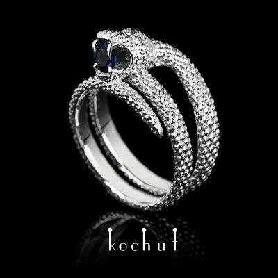 Ring «Love of the shrew». White gold, sapphire, diamonds, white rhodium