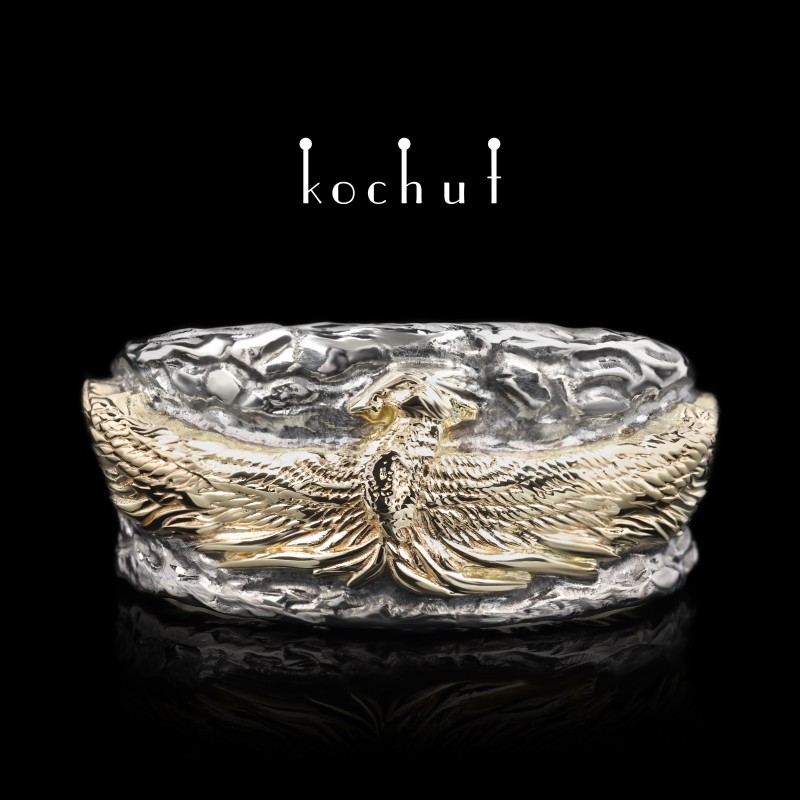 Ring «Phoenix». Silver, yellow gold, oxidized 