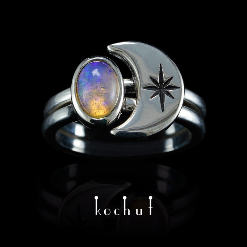 Ring «To the moon and back». Silver, opal, oxidation