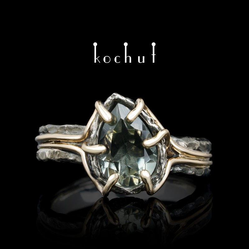 Ring «Aurora». White and yellow gold, green amethyst, black rhodium