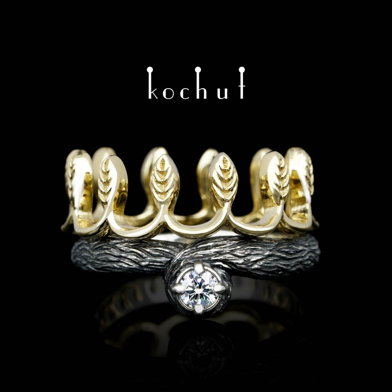 Prsten «Její Veličenstvo». Žluté zlato, stříbro, briliant, oxidace