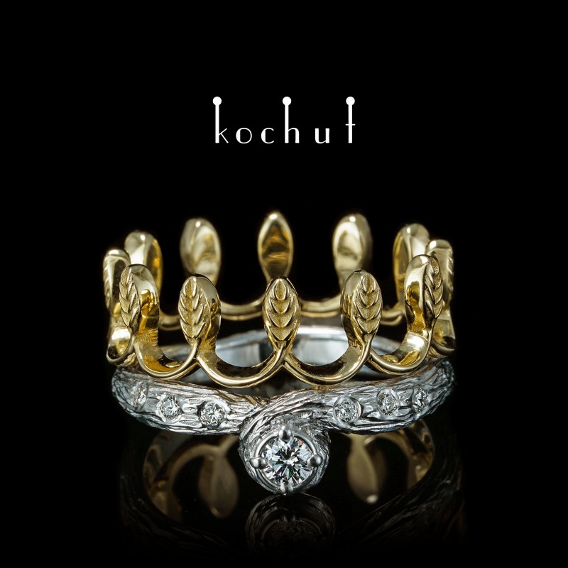 Prsten «Její Veličenstvo». Žluté zlato, stříbro, briliant, bílé rhodium