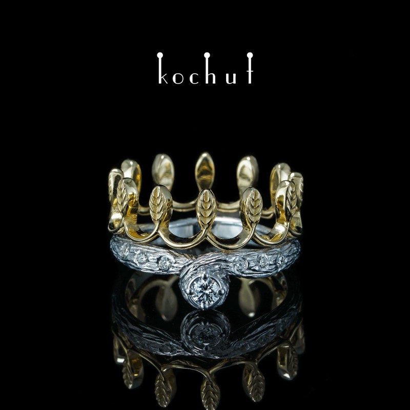 Engagement ring «Her Majesty». Yellow gold, silver, diamond, white rhodium