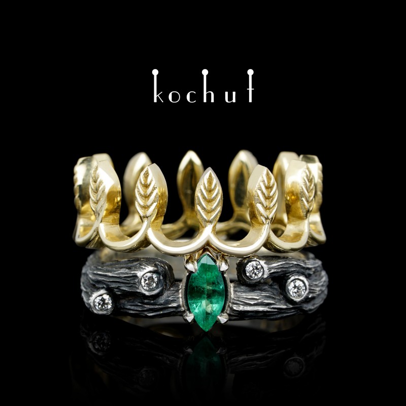 Double ring "Her Majesty". Yellow gold, sterling silver, emerald, diamonds
